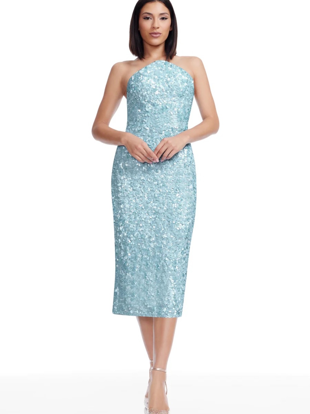 Dress the Population Etta Sequin Strapless Midi Dress in Ice Blue